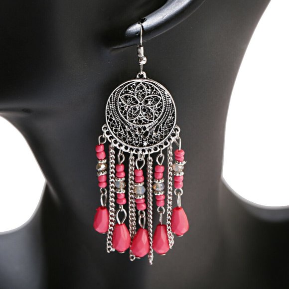 Dangle Earrings Coral & Silver Tones 3.75" Boho Hippie NWT Perfect Cond M425 - Picture 1 of 4